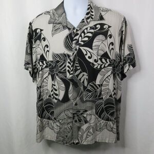 Cubavera Hawaiian Aloha Shirt Black Gray Leaves Mens Large Tropical Tribal
